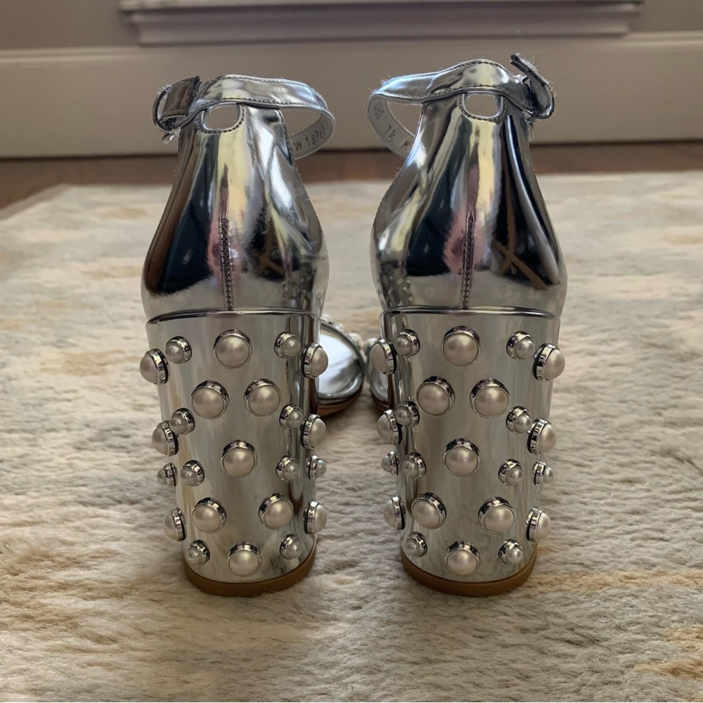 Stuart Weitzman Silver “More Pearls” Block Heels 7.5